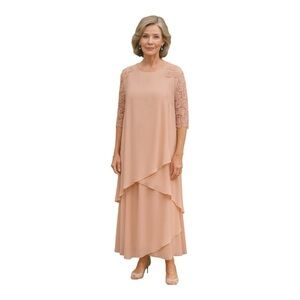 Linea Laura Peach Embroidered Lace‎ Sleeve Two-Piece Dress Set - Vintage